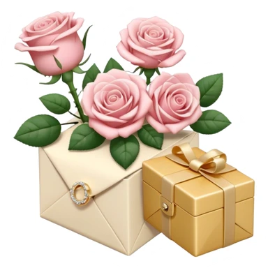 Cute white aesthetic emoji stickers set, including roses bouquet, engagement ring box, envelope with flowers, Chanel perfume, 3D render, glossy texture, delicate details, minimalist background, sticker style,  sticker