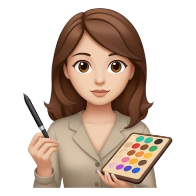 mujer  pelo cafe piel blanca,  con un lapiz pluma y una plaeta de colores y un computador  sticker