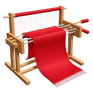 rigid heddle weaving loom set up for weaving a bright red scarf, with red yarn on a stick shuttle laying across the warp threads sticker