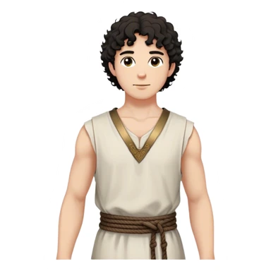 medieval summer outfit worn by a DnD themed fantasy male character. basic sleeveless cotton tunic with a V-shaped neckline and a thin rope belt. clothes only above the waist. The clothes full waist. The character's haven't arms. character is white-skinned, black hair, brown eyes, short curly hair. sticker