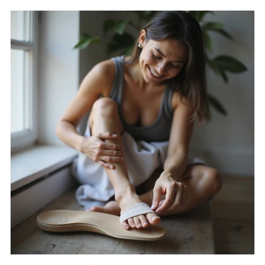 realistic 4K woman sitting putting on insole, smiling satisfied, then massaging foot with discomfort expression to highlight return of pain sticker