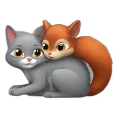 grey cat hugs a red squirrel sticker