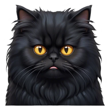 Cinematic Grumpy Frazzled Black Persian Cat Portrait Emoji, Head tilted with an exaggeratedly grumpy expression, fluffy black fur with hints of silver and deep undertones, Simplified yet hilariously frazzled features with large, expressive eyes, highly detailed, glowing with a warm but irritated glow, high shine, a mix of annoyed and disheveled, stylized with a touch of humor, bright but with a completely frazzled and grumpy face, soft glowing outline, capturing the essence of a quirky yet grumpy kitty, so endearing it feels like it could leap out of the screen and demand attention with its wonderfully grumpy, frazzled charm! sticker