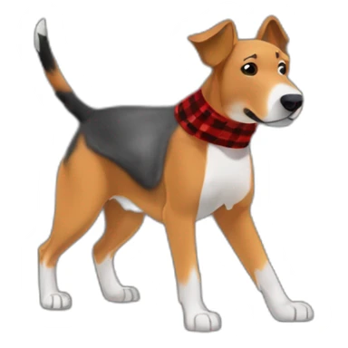 adult 75% Coonhound 25% German Shepherd mix dog with visible tail wearing small pointed red buffalo plaid bandana full body walking left quickly sticker