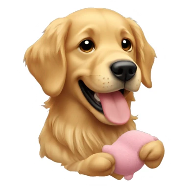 Golden retriever holding a stuffed animal dog in its mouth sticker