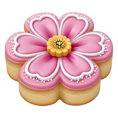Realistic shortbread cookie in the shape of a camilia flower with pastel pink color jelly middle filling andkled powder sugar on top.emoj sprini sticker