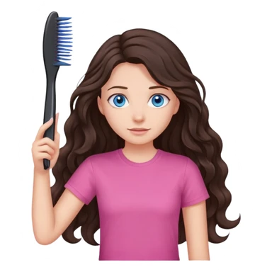 Девушка с голубыми глазами темно коричневыми длинными волнистыми волосами в розовой футболке расчесывает волосы sticker