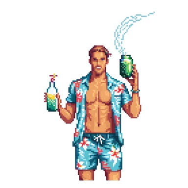 human male Unbuttoned Hawaiian shirt, swim trunks, shaking a cocktail shaker (sparks flying) sticker