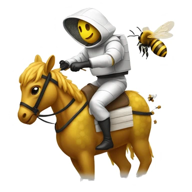 beekeeper wearing a fencing Veil style bee sute riding a horse with honey following him sticker