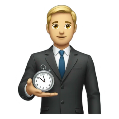 a man in a suit holding a clock in his right hand sticker