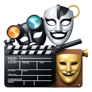 Icon for Acting in Theater and Movie: a stage with a spotlight and cinema, a film camera, a clapperboard and a dramatic mask. The design should represent both theatrical performance and cinematic art. Transparent background. sticker