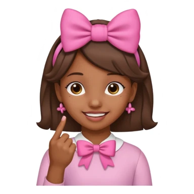 Chica morena sonriendo con un lazo rosa en la cabeza y mordiendose la punta del dedo indice con delicadeza sticker