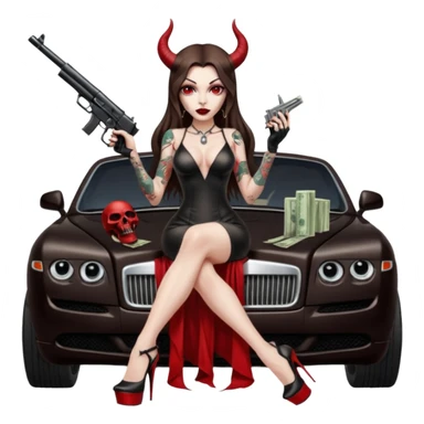 Lilith model red eye sexy black  devil horns.  long brown haired sexy succubus woman with leather long dress slit, sitting on rolls Royce. Wearing Black Platform high heels on feet. Tattoo sleeve arms, dead human skull of her ex skull is on top of stack of cash and a gun in  hand sticker