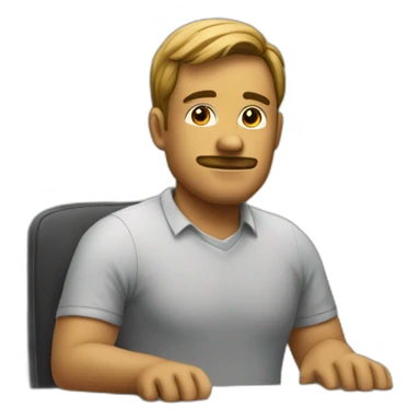 Denis is sitting on the chair near the desk and waiting for going home sticker