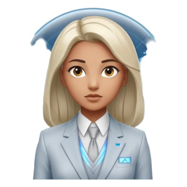 Artemis, A sleek female avatar with a focused, forensic gaze, wearing a minimalist white and silver tailored suit accented with moonlight blue. She is analyzing a transparent holographic interface displaying complex global sovereign credit data. sticker