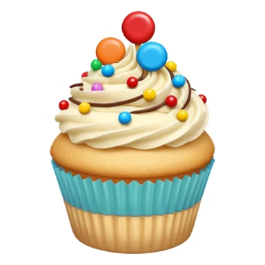 a soft vanilla cupcake with creamy frosting, decorated with scattered small, round, brightly colored candy-coated chocolates on top sticker