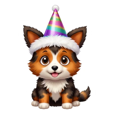 A black and brown tortoiseshell pointy ear puppy without white with pointy ears with party hat sticker