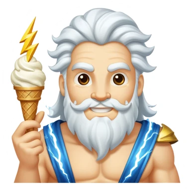smiling Zeus with white ice cream and lightning bolt sticker