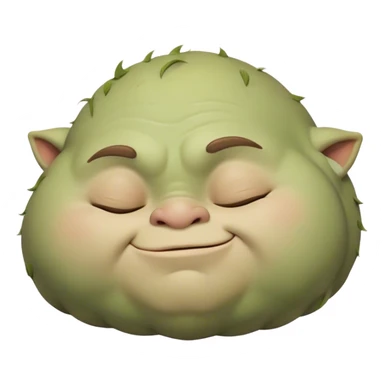 Meme-Worthy Cute Sleeping Ogre Portrait Emoji, with a surprisingly endearing, plump figure in soft earthy greens and browns, head drooping gently with closed, relaxed eyes and a content, sleepy grin, simplified yet adorably detailed, glowing with a soft warm outline that captures the peaceful slumber of a friendly ogre after a day of gentle mischief! sticker