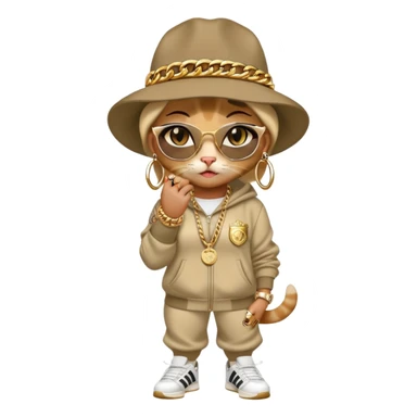 female cat wearing Run DMC hip-hop outfit with tracksuit, fedora, Adidas sneakers, many gold chains, rings, bracelets, flashy earrings, whispering to a friend, no sunglasses sticker