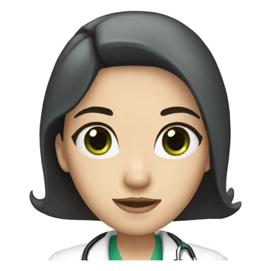White Female doctor with green eyes, long black hair and a crown sticker