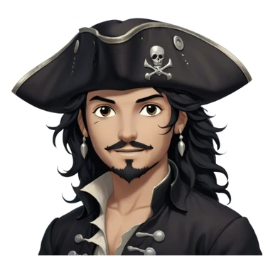 A charismatic pirate with wavy black hair that falls just past his shoulders, tousled slightly by the sea breeze. He wears a black tricorn hat with subtle silver embroidery along the edges, casting a shadow over his sharp, confident features. His piercing dark eyes glint with mischief as he gazes to the side, a knowing smile playing at his lips. His well-fitted black coat, adorned with polished silver buttons and intricate stitching, moves slightly with the wind, revealing glimpses of a deep-crimson waistcoat underneath. A silver chain dangles from his belt, catching the dim golden light of the setting sun. His posture is relaxed yet assured, exuding effortless charm as if he owns the sea itself. sticker