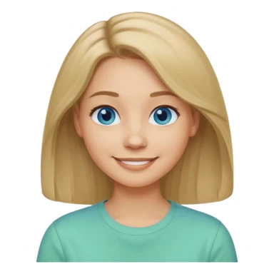 A woman with light skin, longer shoulder-length dark blonde hair, blue eyes, smiling face, wearing a casual pastel green shirt. The emoji should be in Apple-style, minimalistic, colorful, and round-faced. Show only the face or bust (not full body). sticker