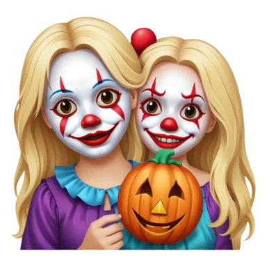 heartbroken blonde girl with long hair holding isolated happy clown Halloween mask beside her face  sticker