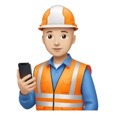 Bald Telecoms engineer in orange hi vis with white hard hat and phone sticker