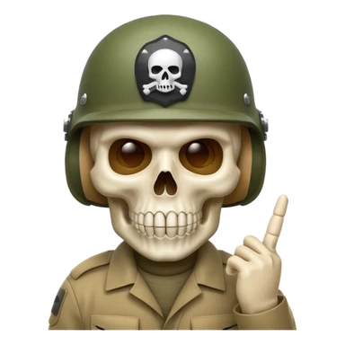 A bold emoji-style white skull wearing a realistic modern army helmet, making a shushing gesture (index finger bone held up to mouth area). Clean vector style,modern emoji aesthetic.The helmet has detailed realistic texture. No body, just the skull and helmet sticker