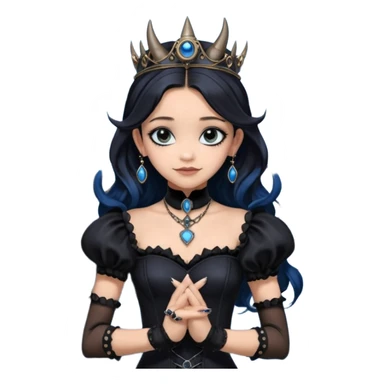 Tight fitting seductively dressed, Holey and worn Lavish black evening gown with see-through wispy black gloves, holding arms-crossed smiling cute pose witchy mysterious Jenna Ortega as student Addams woman wearing a steampunk style mini tiara, very large blue evil-looking horned old evil eyes  sticker