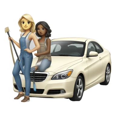 Two white tan girls cleaning a expensive car with fashion clothes  sticker