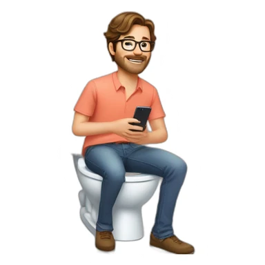 man with brown hair, octagonal glasses, and salmon colored shirt sitting on the toilet, holding a phone in one hand and a cocktail in the other hand. Sitting on the toilet in the bathroom sticker