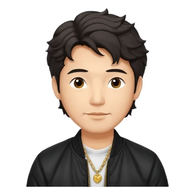 Handsome and mature Asian guy wavy hair, wearing necklace, dressed cool in black bomber jacket, demure but with a smirk  sticker