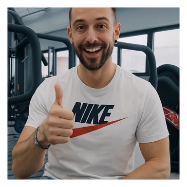 The man in the photo is making the OK gesture with his thumb up, showing an enthusiastic expression, in a gym environment, photorealistic style. sticker