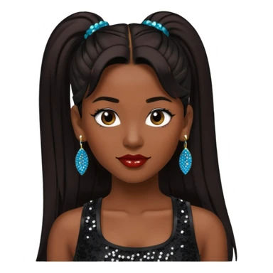 Chilli from TLC with long dark brown ponytail hair, black sequin crop top, black earring, dark skin sticker
