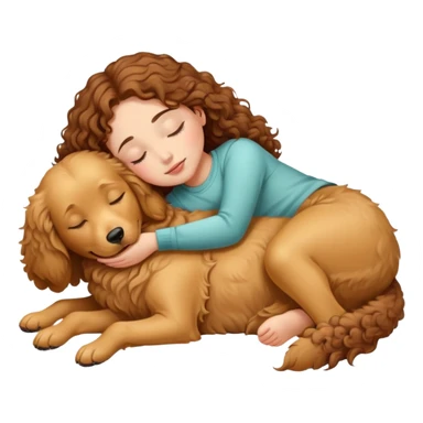 a girl with brown curly hair sleep on a golden retriever dog sticker