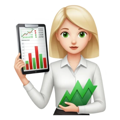 Girl showing financial reports, positive green ascending chart in one hand and negative red descending chart in other hand sticker