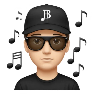 Emoji of a white man with short dark brown hair under a black baseball cap, wearing a black t‑shirt and 1980s‑style black Ray‑Ban rectangle sunglasses black lenses, with black musical notes floating around his head,  sticker