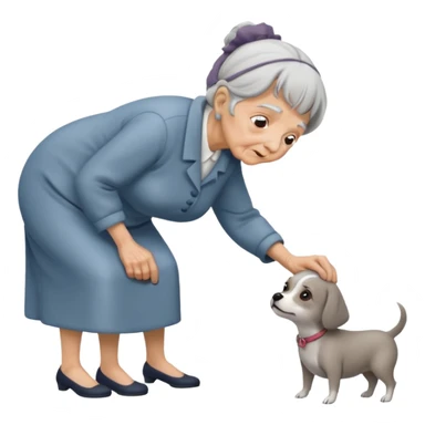 Old woman bent over from waist to floor trying to pick up dog sticker