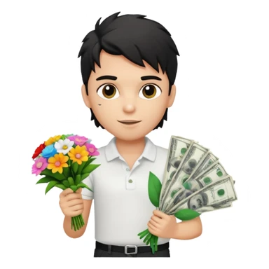 generate a pretty fair bratz boy with a messy mullet (black hair), wearing a white polo.  carrying a bouquet made of money. expensive car behind him sticker