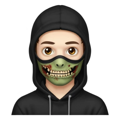 это должен быть юноша, одет в черную худи с балаклавой, глаза цвета хамелион, но более коричневые, выглядит как зомби и еще немного длинные волнистые кудрявые волосы темно коричневого цвета, также добавь темный оттенок на задней фон sticker