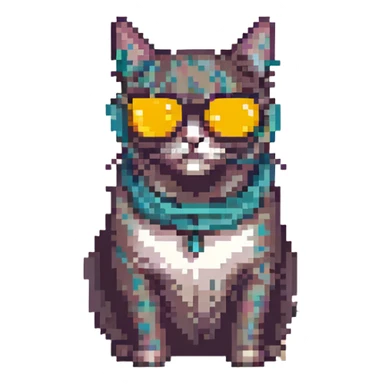 pixel art chill cat with sunglasses, retro style, warm muted colors, subtle grain, nostalgic aesthetic sticker