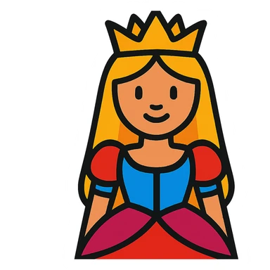 cartoon-style princess emoji with long hair, wearing a golden crown, smiling softly, dressed in a royal gown, vibrant toon style sticker