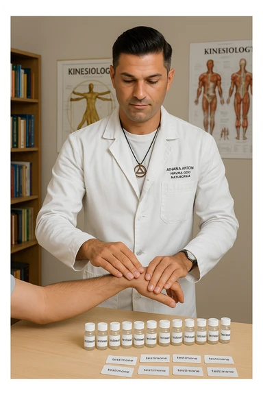 a middle-aged man in a calm, well-lit studio, wearing casual professional attire, performs a classic muscle test on a client’s outstretched arm. On a nearby table, there are small envelopes or vials labeled “testimone” representing samples or objects connected to a distant person. The atmosphere is focused and serene, with books and charts about kinesiological techniques in the background. sticker
