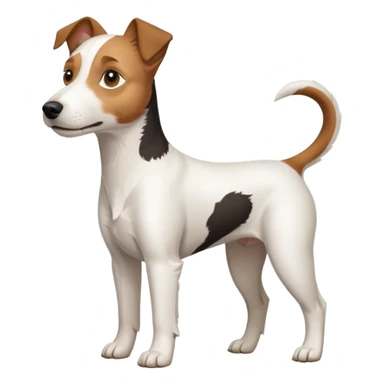 a full body white parson russell looking dog the size of a kelpie with light brown ears and a light brown patch on one eye and a large snout sticker