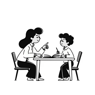 educator or speech therapist with child, who helps child with lessons sitting at the table sticker