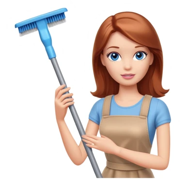 A Barbie girl with blue eyes, shoulder-length reddish-brown hair, made-up, and beige clothes is cleaning sticker