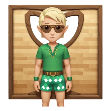 elf male legolas portrait, patterned board shorts (geometric/abstract), unique wooden-framed sunglasses, undercut hairstyle, slight smirk, visible pointy ears, no background, centered emoji, hipster summer vibe sticker