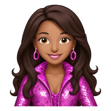 Mya, R&B Singer with dark brown long hair, pink sequin outfit sticker